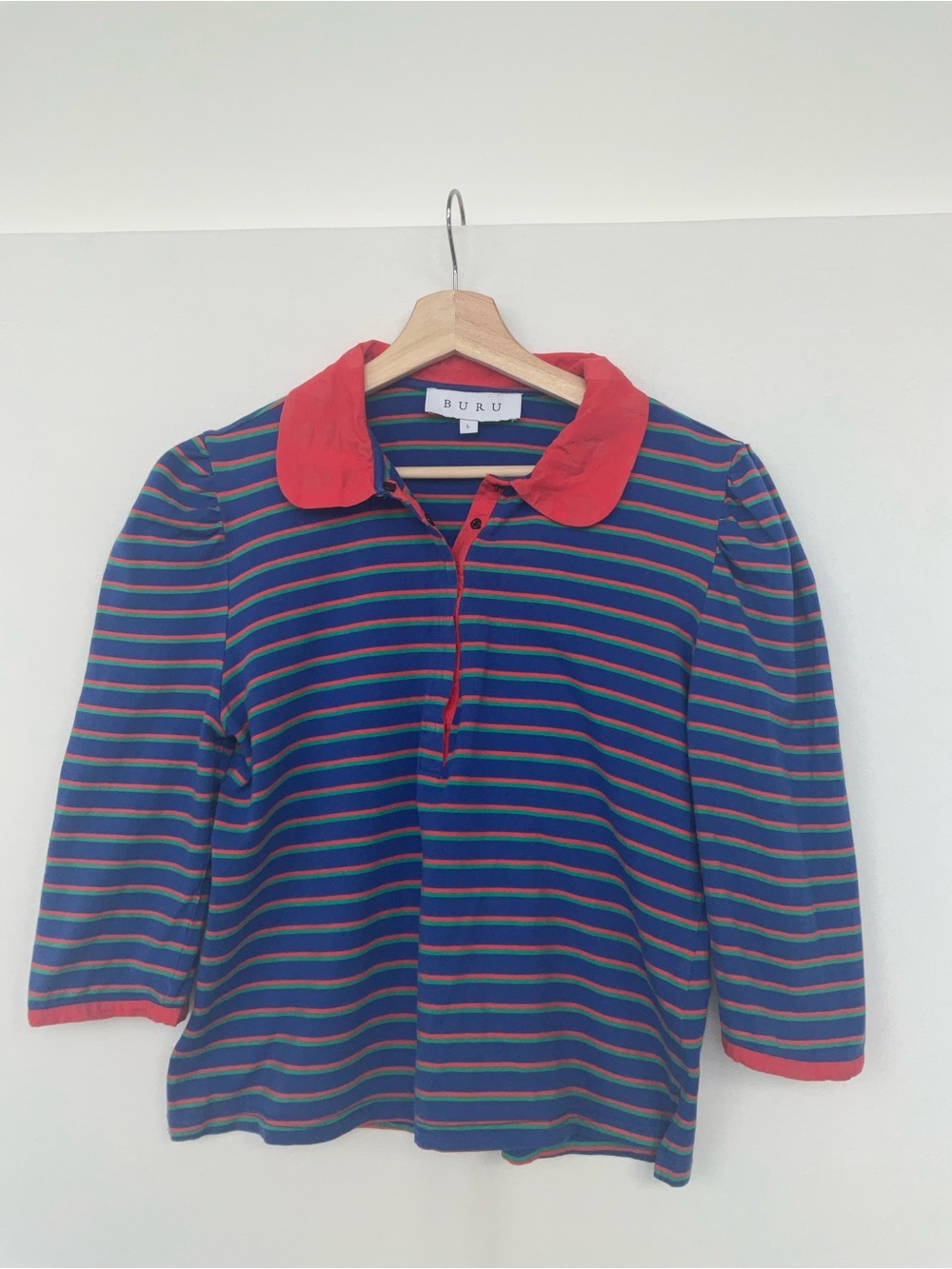 Buru Women's Navy Multi-Stripe Blouse with Red Collar